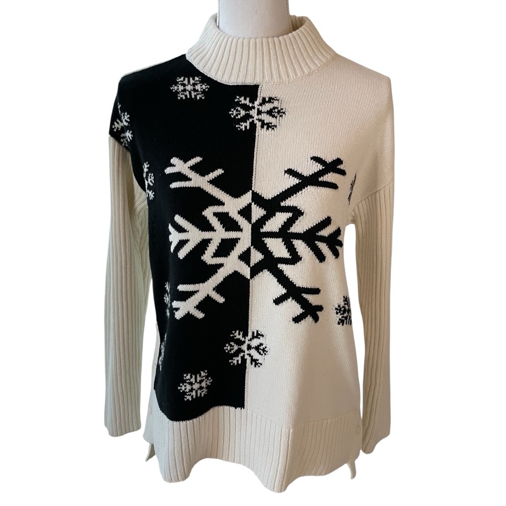 Talbots Black and Cream Snowflake Turtleneck Sweater. Size MP